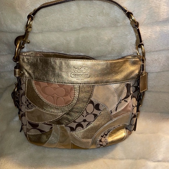 Coach Handbags - Coach Metallic Patchwork Shoulder Bag in Gold and Tan